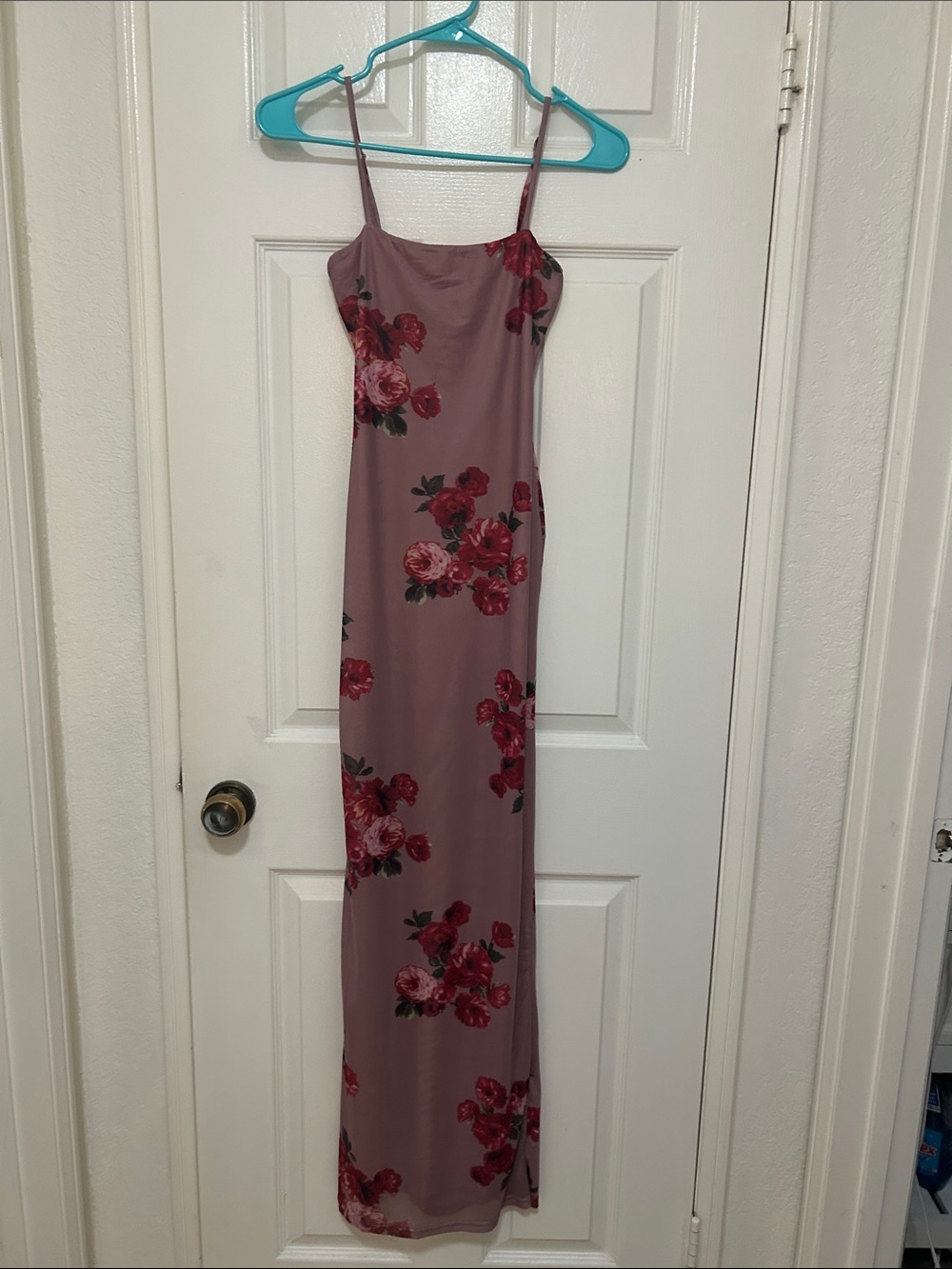 Mauve Floral Slip Maxi Dress with Red Rose Print